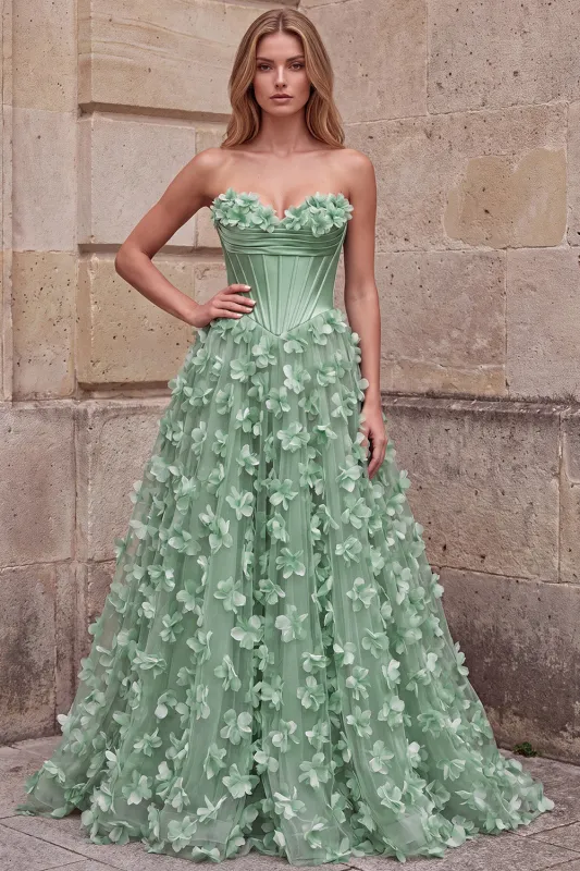 Green Corset A-Line Strapless Satin Maxi Prom Dress with 3D Flower Appliques made by Zapaka