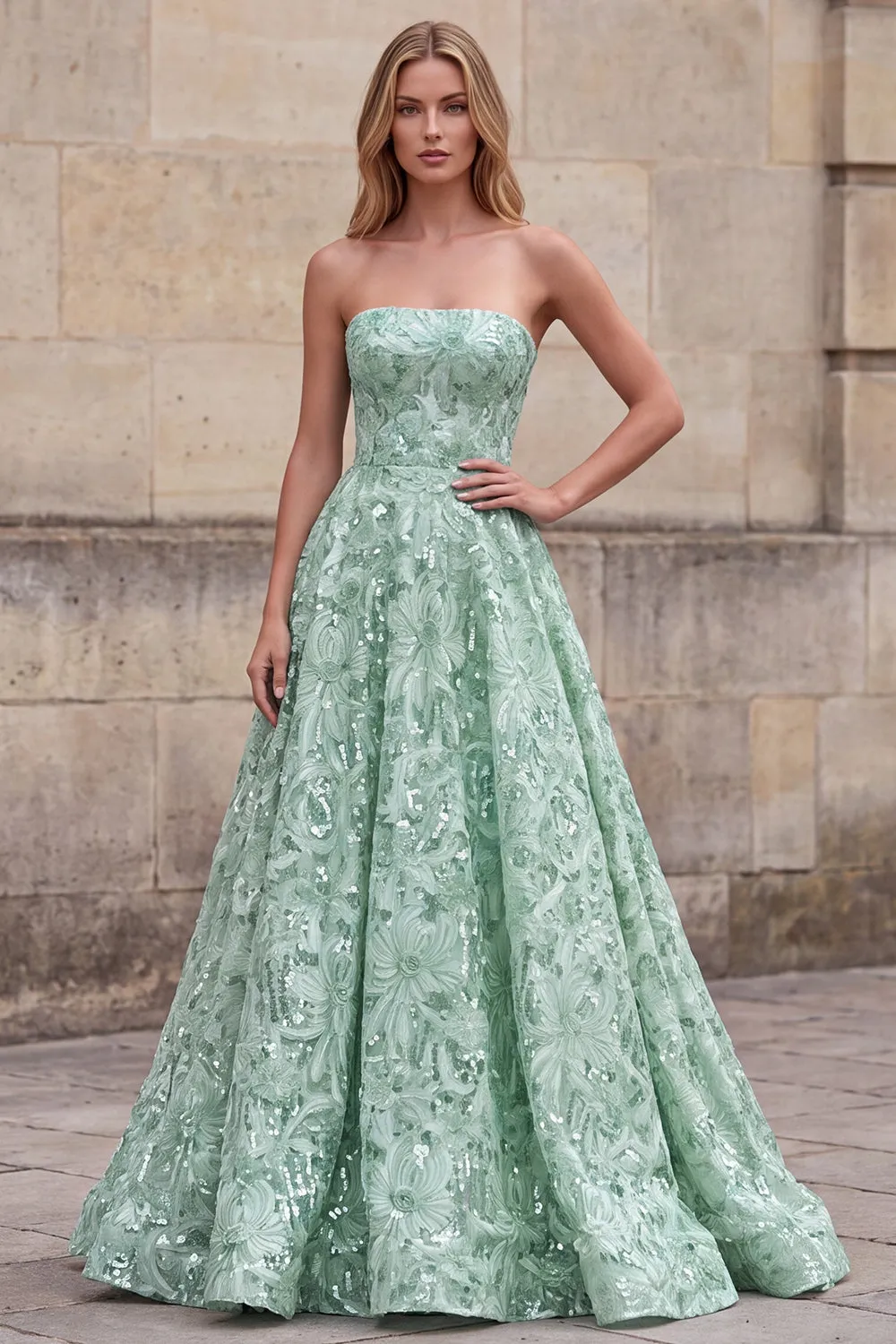 Light Green A-Line Strapless Sequins Floral Long Prom Dress sold by Zapaka