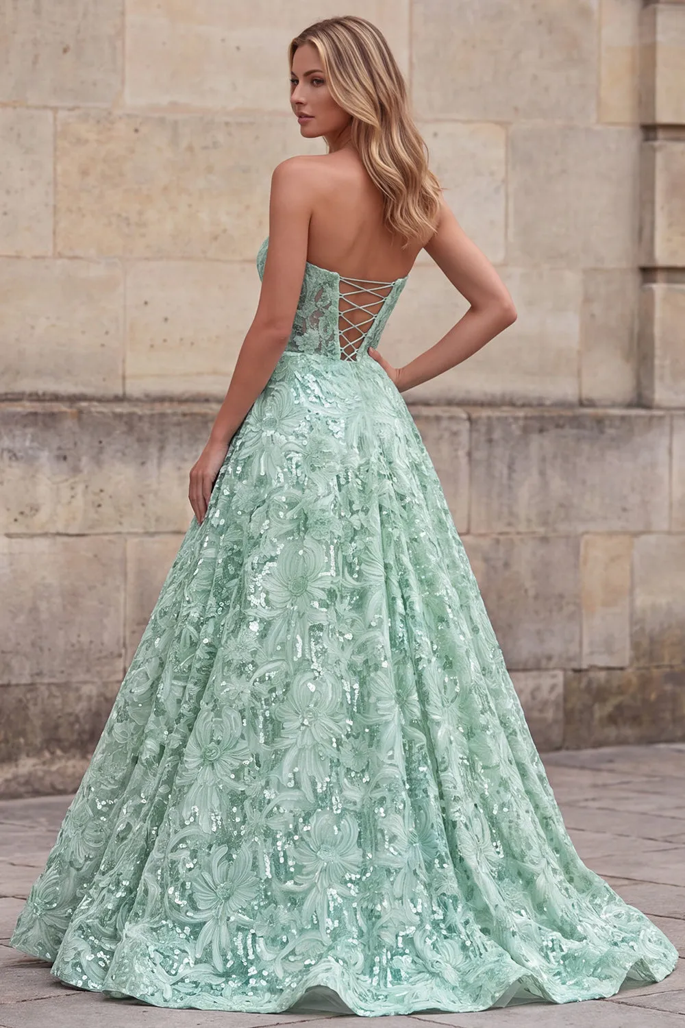 Light Green A-Line Strapless Sequins Floral Long Prom Dress sold by Zapaka product image thumbnail 2