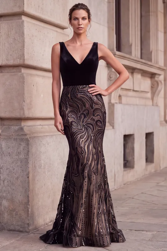 Black Mermaid V-Neck Velvet Sequins Long Prom Dress made by Zapaka