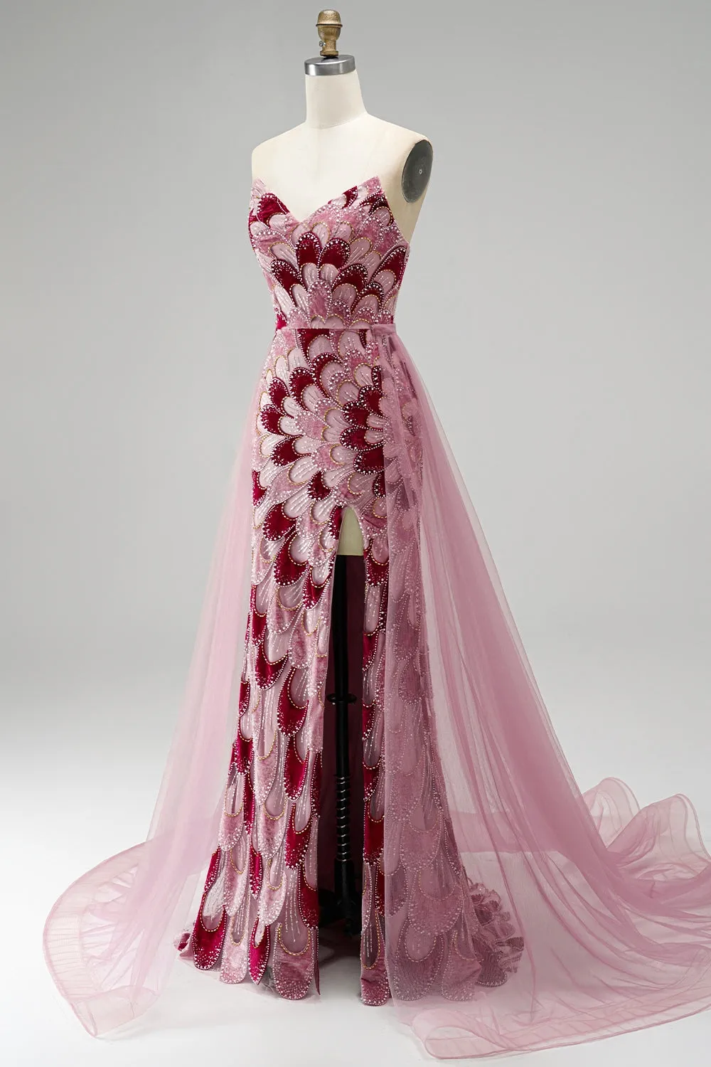 Pink Sequins Mermaid Strapless Detachable Tulle Draped Long Prom Dress with Slit sold by Zapaka product image thumbnail 3