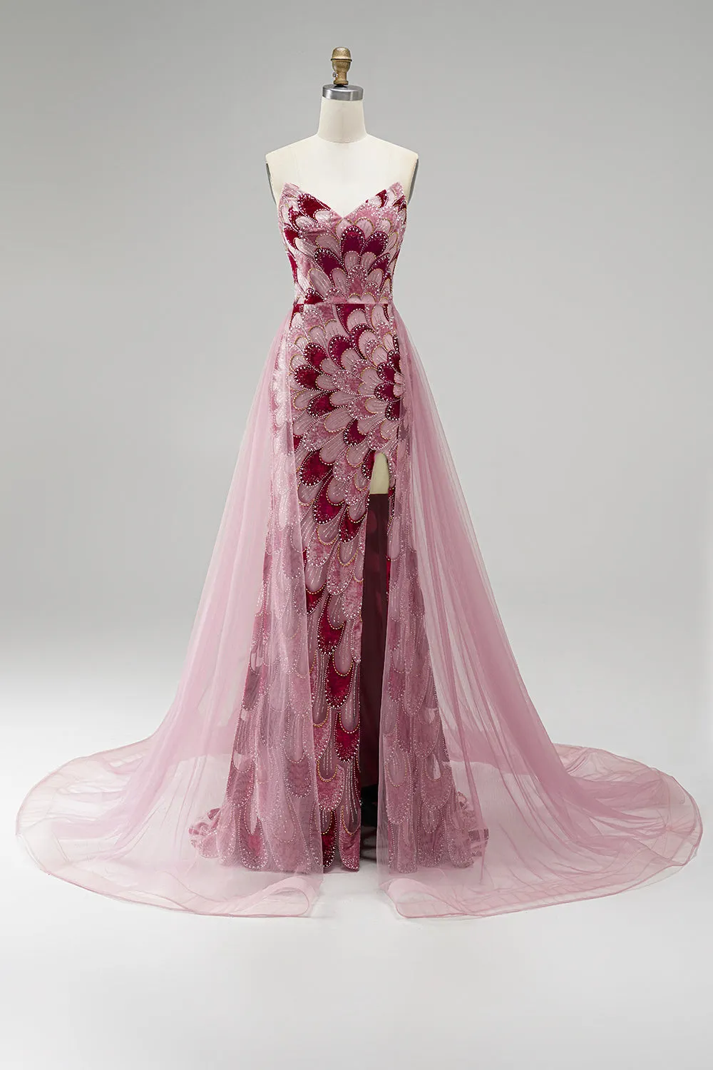 Pink Sequins Mermaid Strapless Detachable Tulle Draped Long Prom Dress with Slit sold by Zapaka