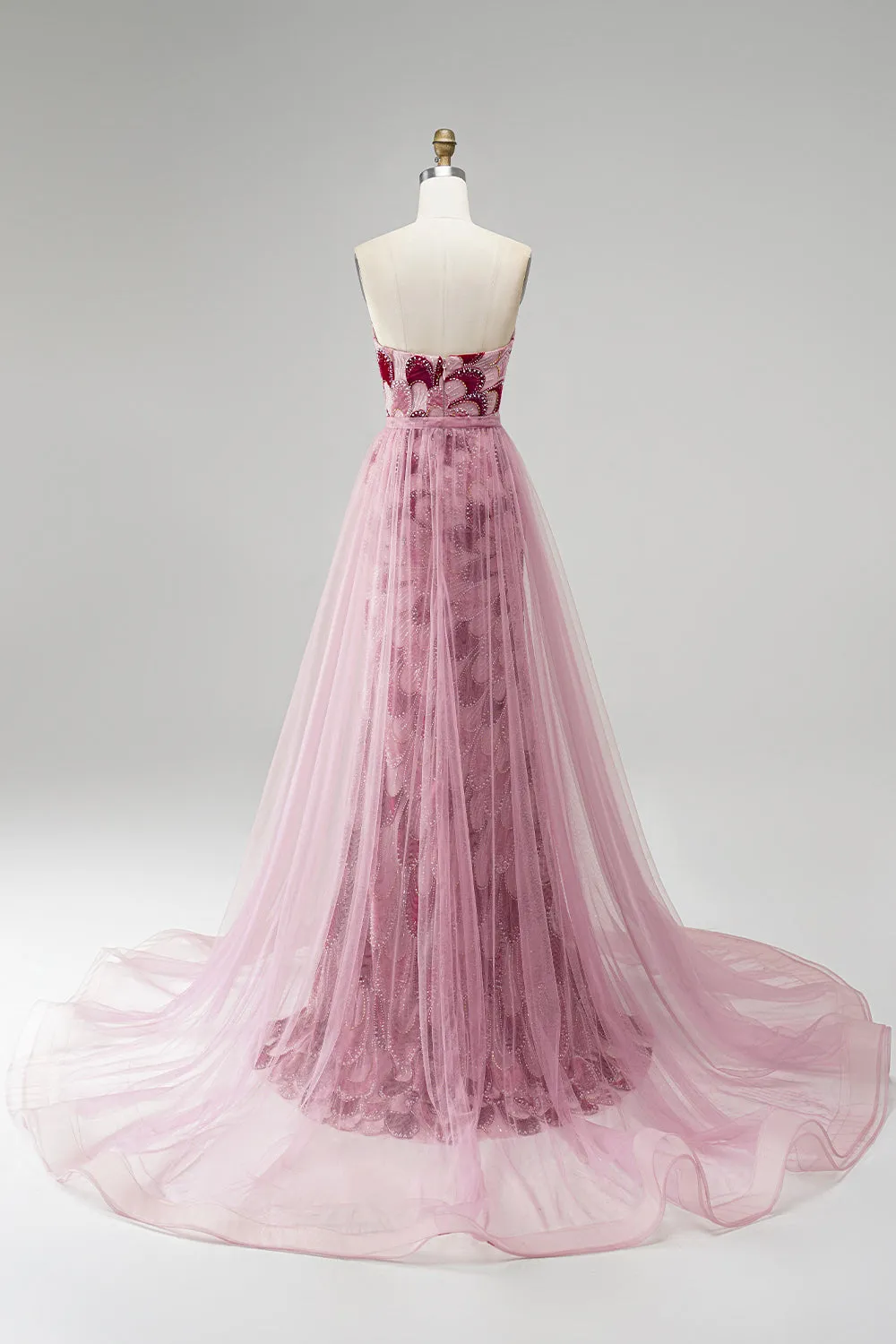 Pink Sequins Mermaid Strapless Detachable Tulle Draped Long Prom Dress with Slit sold by Zapaka product image thumbnail 2