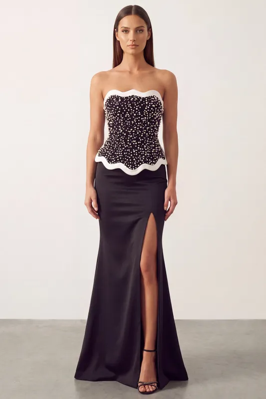 Black White Satin Mermaid Pearls Strapless Long Formal Dress with Slit made by Zapaka
