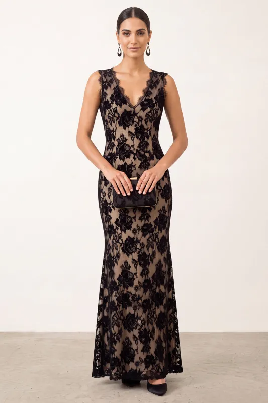 Black Mermaid V-Neck Lace Long Formal Dress made by Zapaka