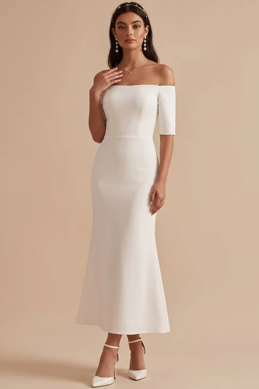 White Mermaid Off the Shoulder Half Sleeves Satin Midi Wedding Dress made by Zapaka