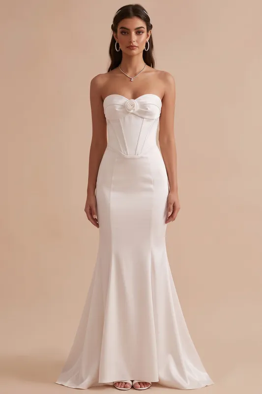 White Corset Mermaid Satin Strapless Long Wedding Dress with 3D Flower made by Zapaka
