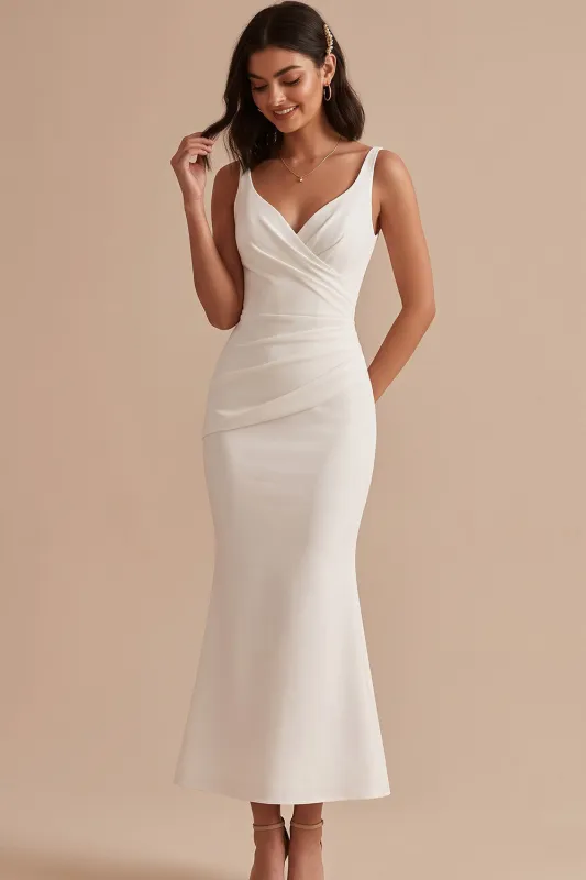 White Mermaid Satin V-Neck Ruched Midi Wedding Dress made by Zapaka
