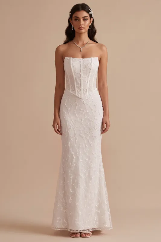 White Corset Mermaid Strapless Maxi Wedding Dress with Embroidery made by Zapaka