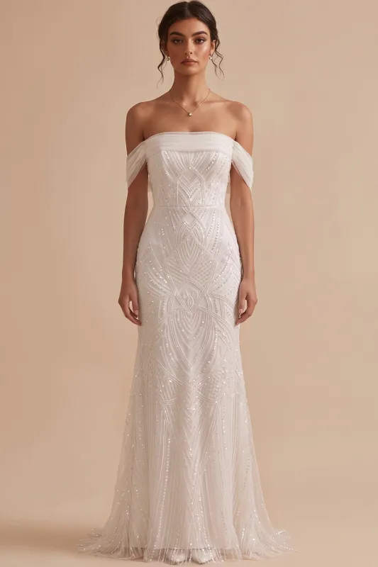 White Mermaid Off the Shoulder Beaded Tulle Long Wedding Dress made by Zapaka