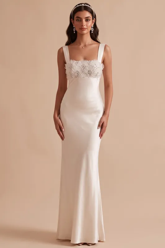 White Mermaid Square Neck Satin Sequins Appliques Long Wedding Dress with Beading made by Zapaka