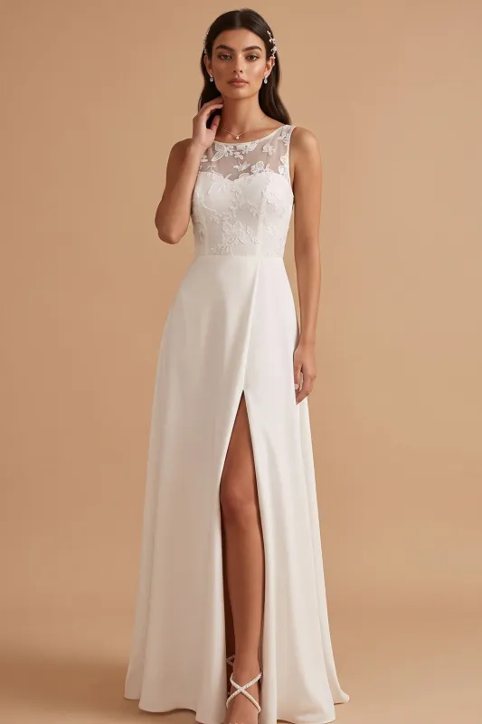 White A-Line Illusion Neck Satin Embroidery Cut Out Long Wedding Dress with Slit made by Zapaka