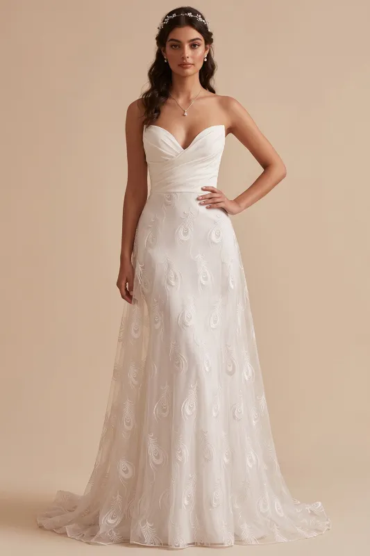 White A-Line Strapless Ruched Long Wedding Dress with Embroidery made by Zapaka