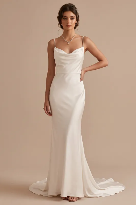 White Mermaid Cowl Spaghetti Straps Satin Sweep Train Wedding Dress made by Zapaka