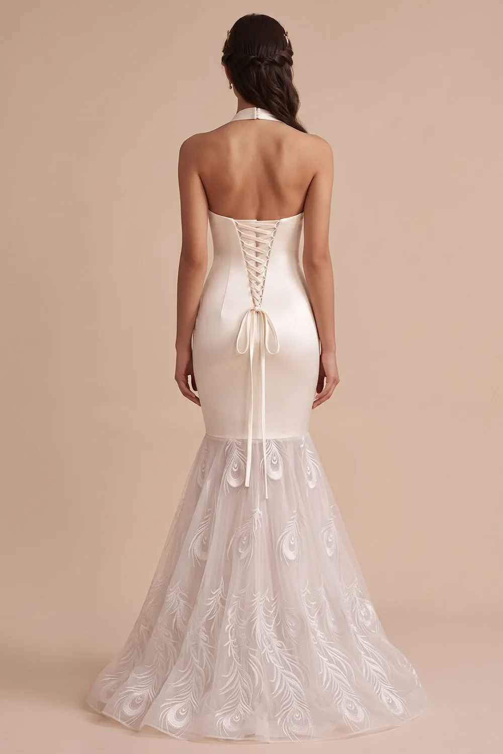 White Mermaid Halter Satin Long Wedding Dress with Embroidery sold by Zapaka product image thumbnail 2