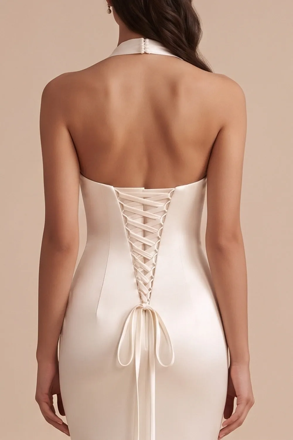White Mermaid Halter Satin Long Wedding Dress with Embroidery sold by Zapaka product image thumbnail 4