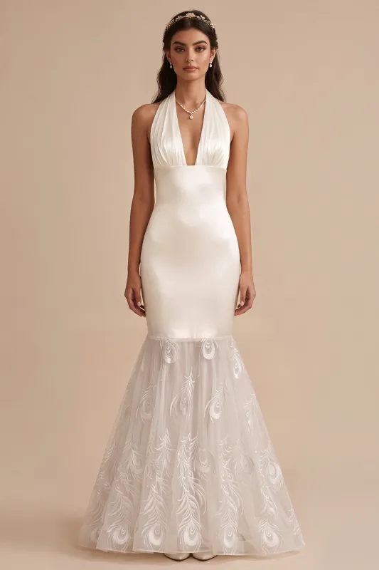 White Mermaid Halter Satin Long Wedding Dress with Embroidery made by Zapaka