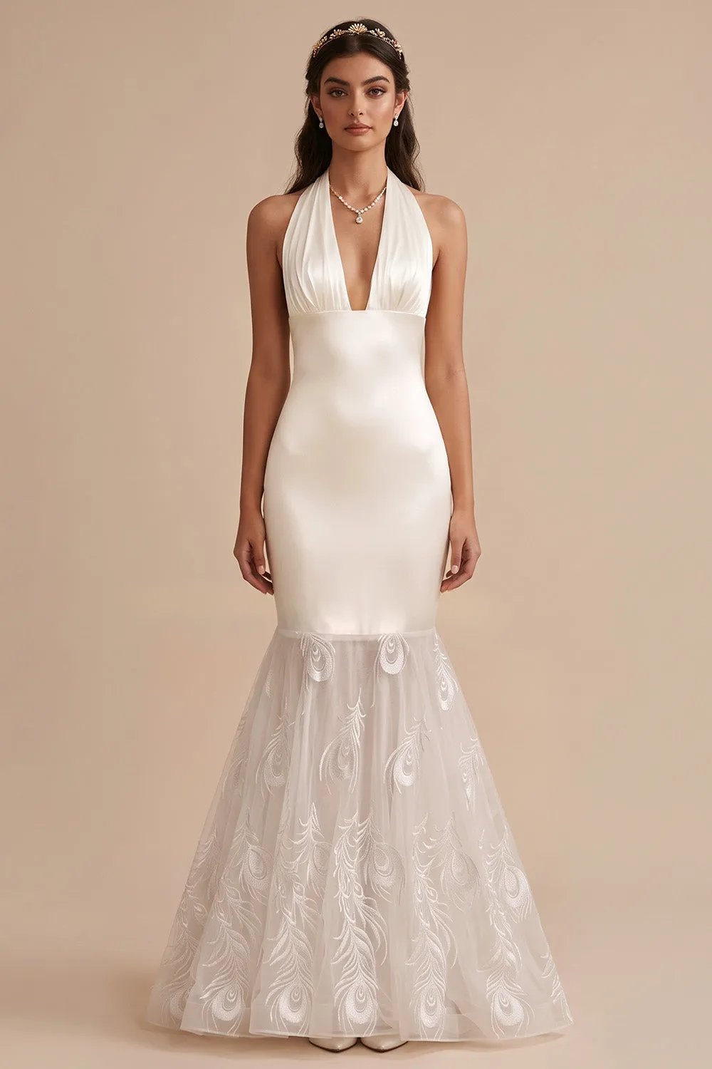 White Mermaid Halter Satin Long Wedding Dress with Embroidery sold by Zapaka