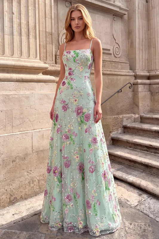 Light Green A-Line Floral Sequins Spaghetti Straps Long Prom Dress made by Zapaka