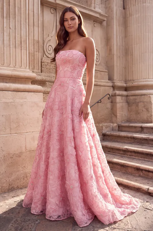 Pink A-Line Strapless Floral Appliques Long Prom Dress with Beading made by Zapaka