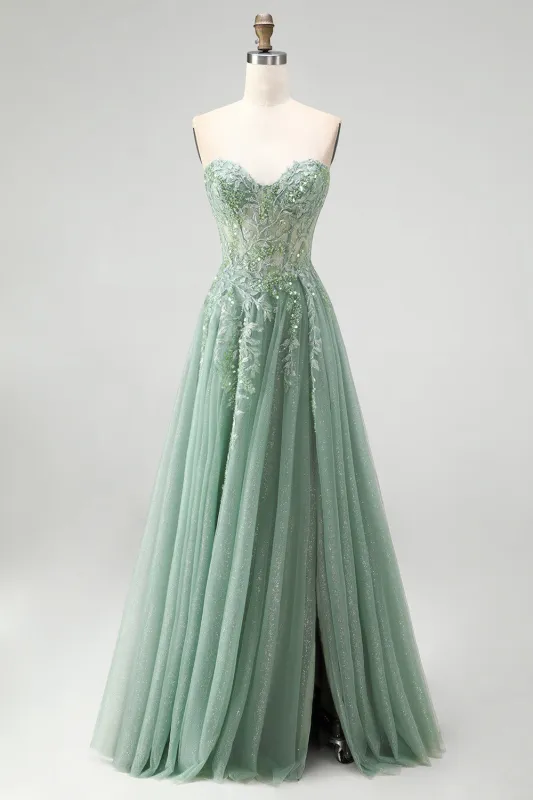 Glitter Dusty Sage Corset Floral Appliques Tulle Strapless Sequins Long Prom Dress with Slit made by Zapaka
