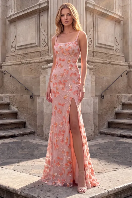 Pink Square Neck Floral Embroidery Mermaid Spaghetti Straps Long Prom Dress with Slit made by Zapaka