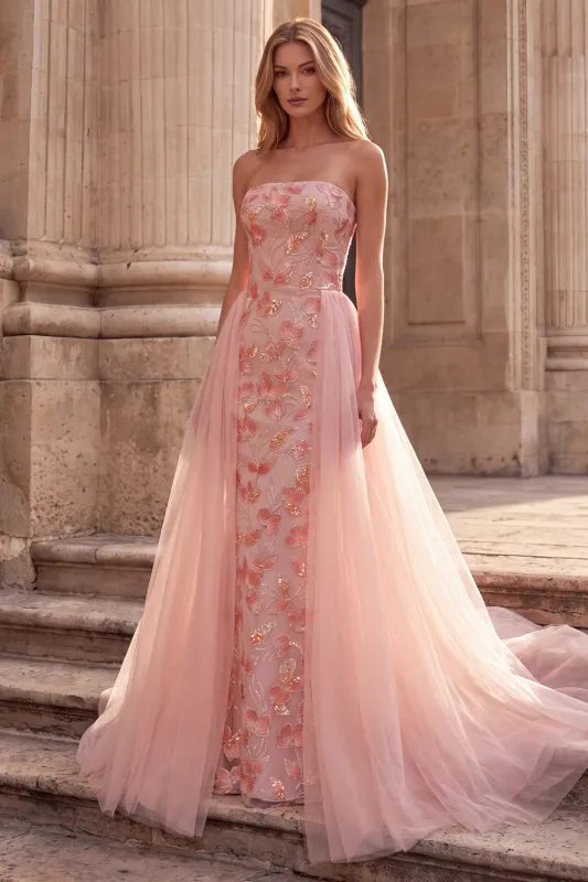 Pink A-Line Embroidery Sequins Strapless Long Prom Dress with Tulle Draping made by Zapaka