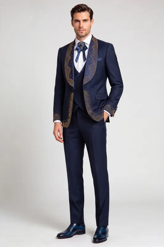 Navy 3 Piece Shawl Lapel Beaded One Button Men's Prom Suits made by Zapaka