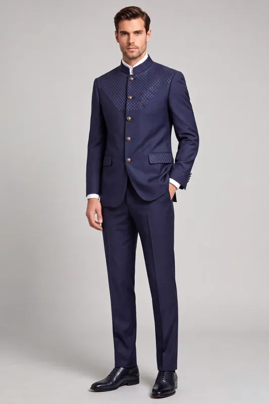 2 Piece Navy Single Breasted Stand Collar Men's Prom Suits made by Zapaka