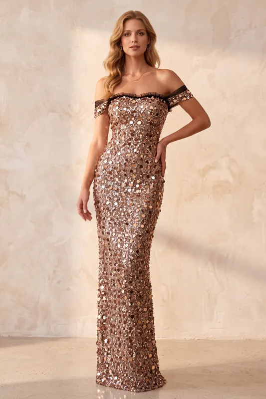 Khaki Mermaid Off the Shoulder Sequins Long Formal Dress made by Zapaka