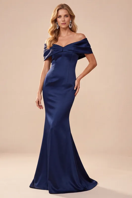 Dark Blue Mermaid Off the Shoulder Satin Ruched Long Formal Dress made by Zapaka