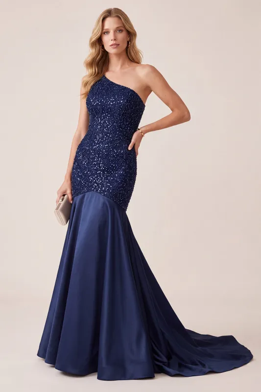 Dark Blue Mermaid Satin One Shoulder Sequins Long Formal Dress with Beading made by Zapaka