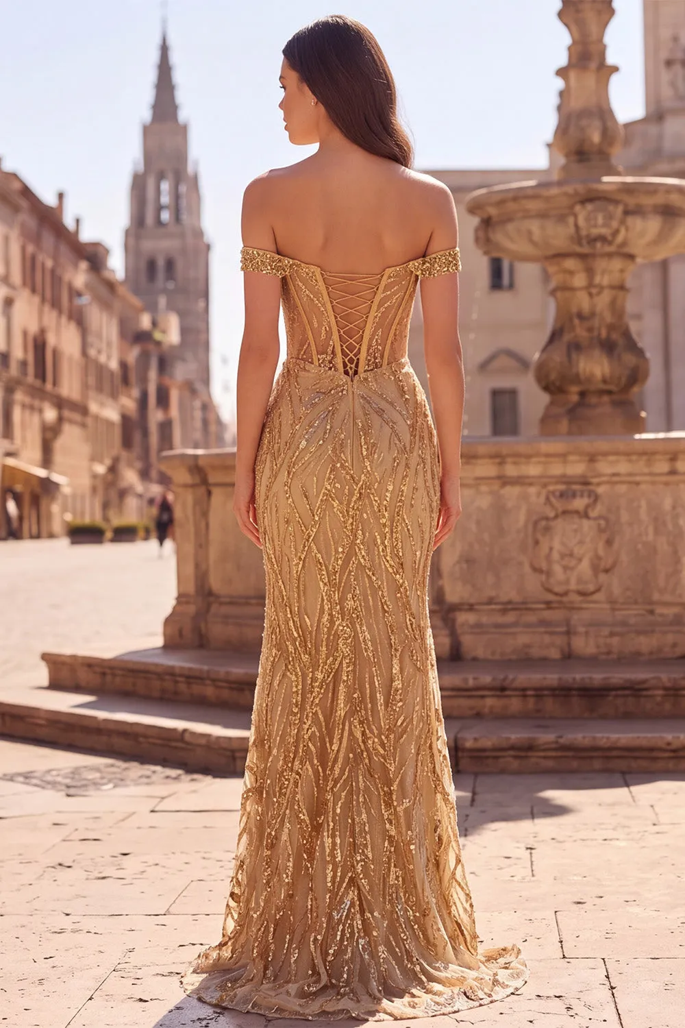 Off the Shoulder Gold Corset Sequins Mermaid Long Prom Dress with Slit sold by Zapaka product image thumbnail 2