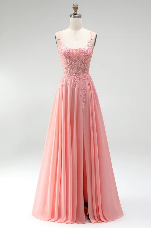 Pink Floral Appliques A-Line Corset Sheer Beaded Chiffon Long Prom Dress with Slit made by Zapaka
