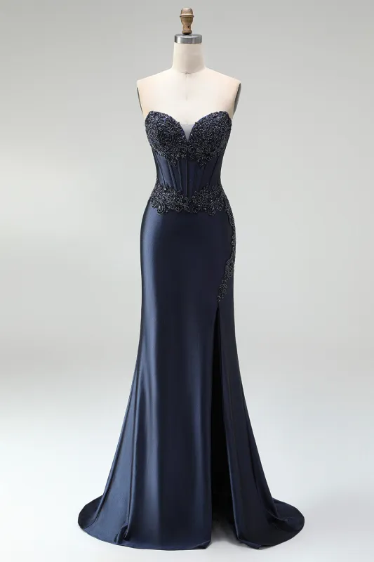 Dark Navy Mermaid Beaded Appliques Corset Satin Strapless Long Prom Dress with Slit made by Zapaka