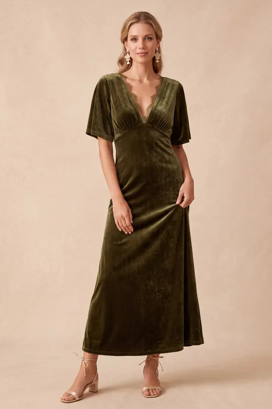 Olive Velvet A-Line V-Neck Short Sleeves Maxi Wedding Guest Dress with Lace made by Zapaka