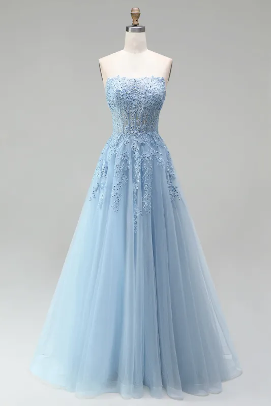 Sky Blue A-Line Tulle Beaded Appliques Corset Strapless Long Prom Dress made by Zapaka