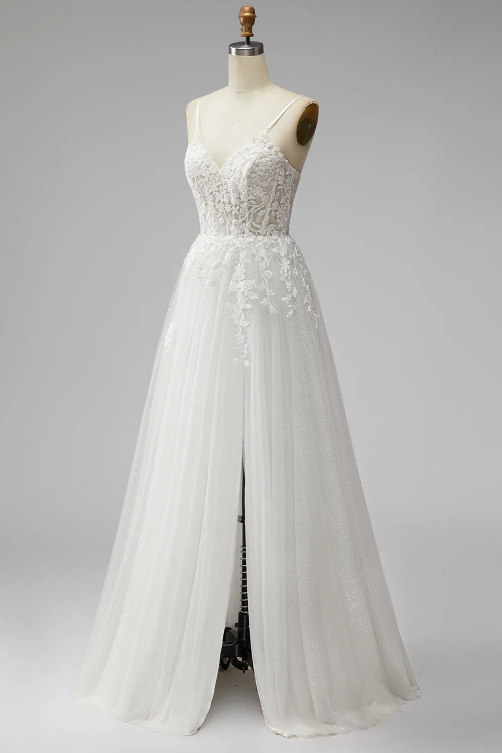 White Corset Appliques V-Neck Tulle A-Line Beaded Maxi Wedding Dress with Slit sold by Zapaka product image thumbnail 3