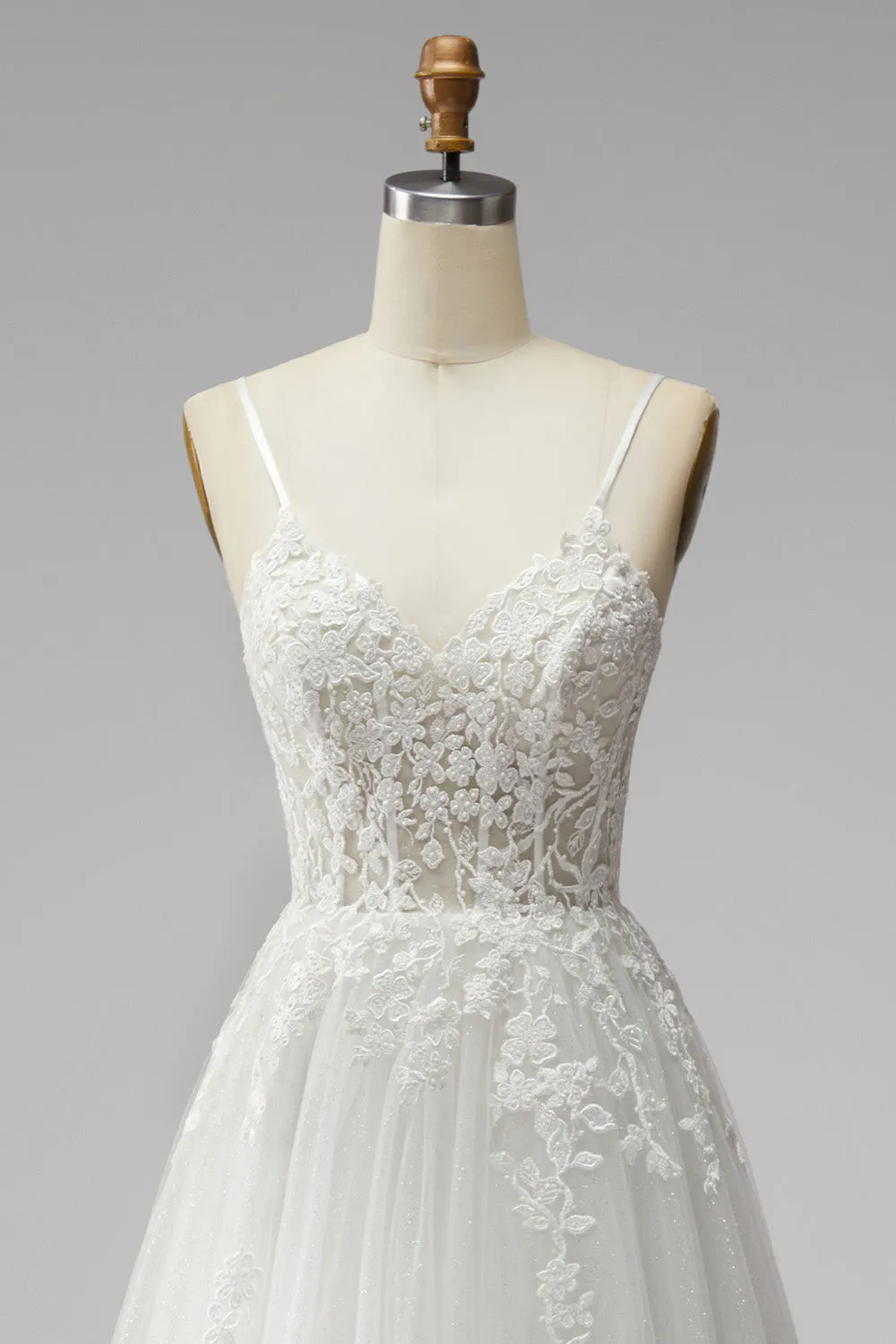 White Corset Appliques V-Neck Tulle A-Line Beaded Maxi Wedding Dress with Slit sold by Zapaka product image thumbnail 4