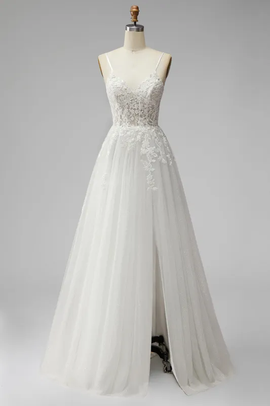 White Corset Appliques V-Neck Tulle A-Line Beaded Maxi Wedding Dress with Slit made by Zapaka