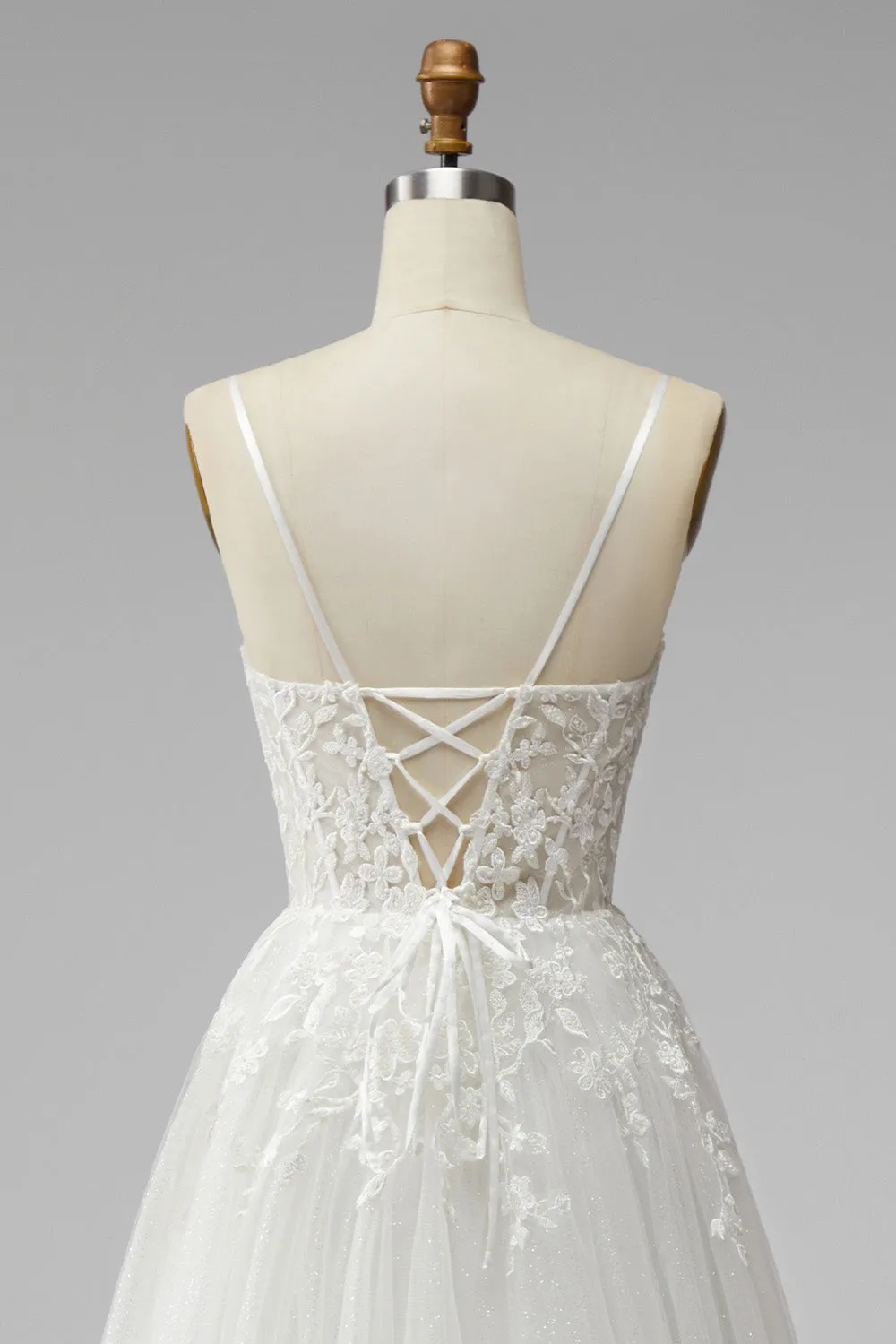 White Corset Appliques V-Neck Tulle A-Line Beaded Maxi Wedding Dress with Slit sold by Zapaka product image thumbnail 5