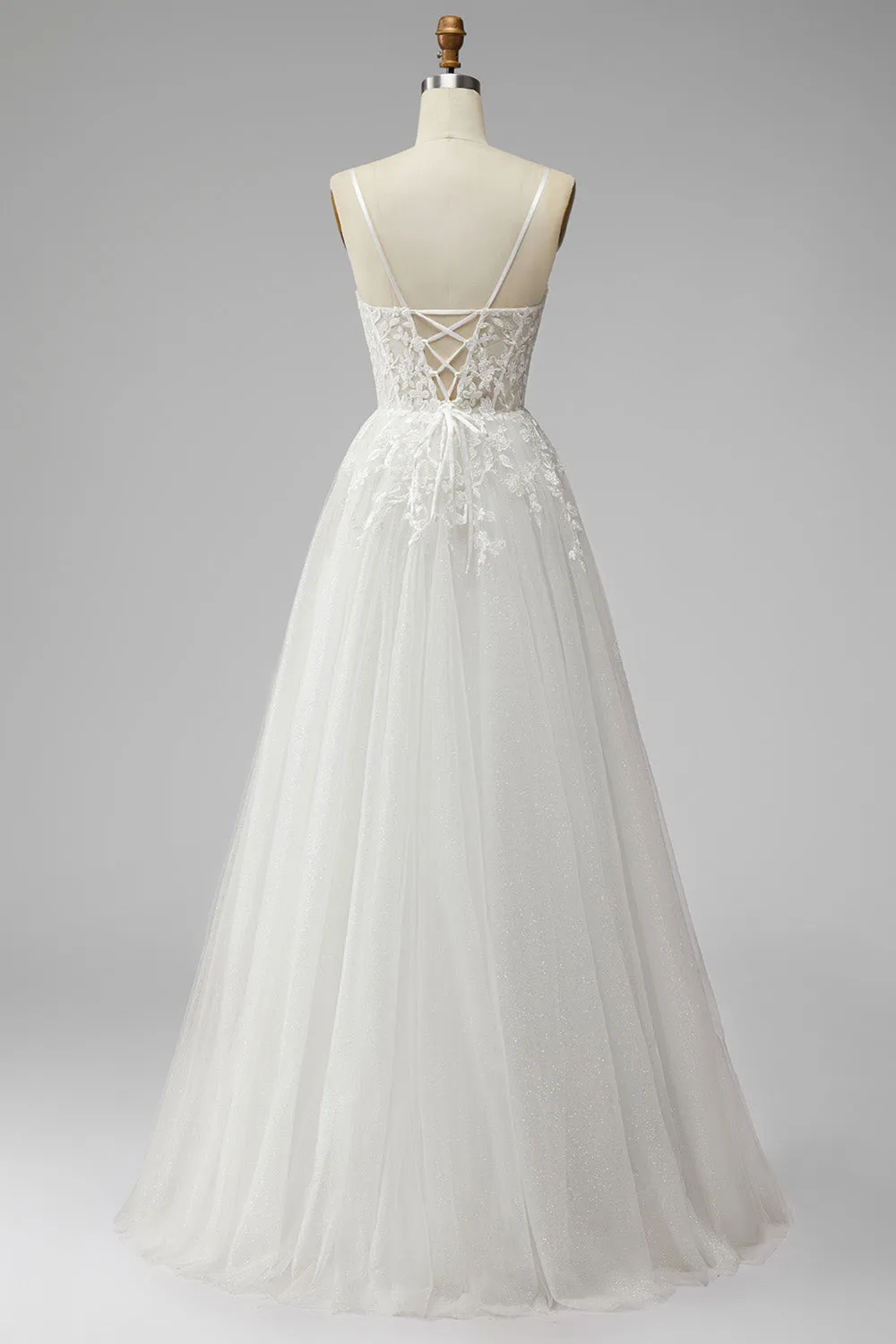 White Corset Appliques V-Neck Tulle A-Line Beaded Maxi Wedding Dress with Slit sold by Zapaka product image thumbnail 2