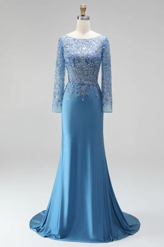 Slate Blue Mermaid Illusion Bateau Neck Sequins Appliques Satin Long Prom Dress with Beading made by Zapaka