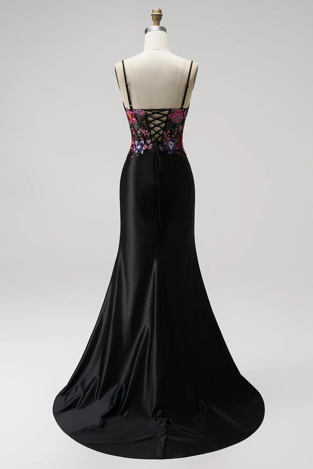 Black Mermaid Sequins Embroidery Corset Satin Spaghetti Straps Long Prom Dress with Slit sold by Zapaka product image thumbnail 2