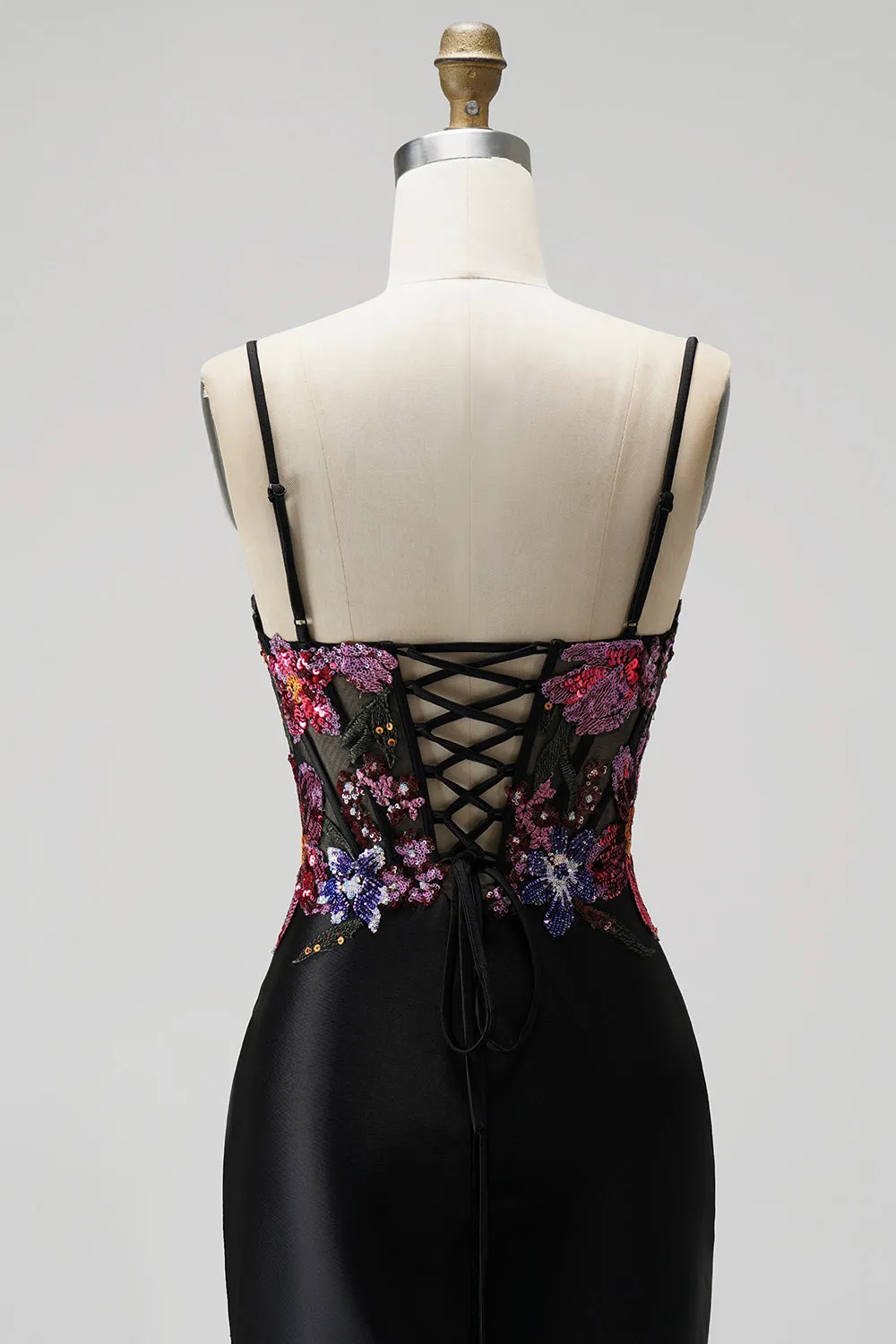 Black Mermaid Sequins Embroidery Corset Satin Spaghetti Straps Long Prom Dress with Slit sold by Zapaka product image thumbnail 5