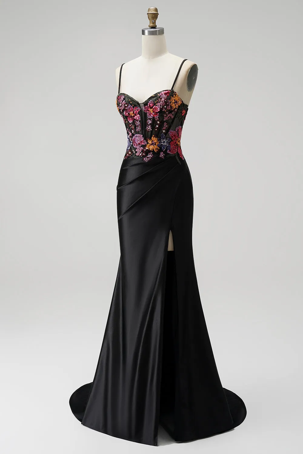 Black Mermaid Sequins Embroidery Corset Satin Spaghetti Straps Long Prom Dress with Slit sold by Zapaka product image thumbnail 3