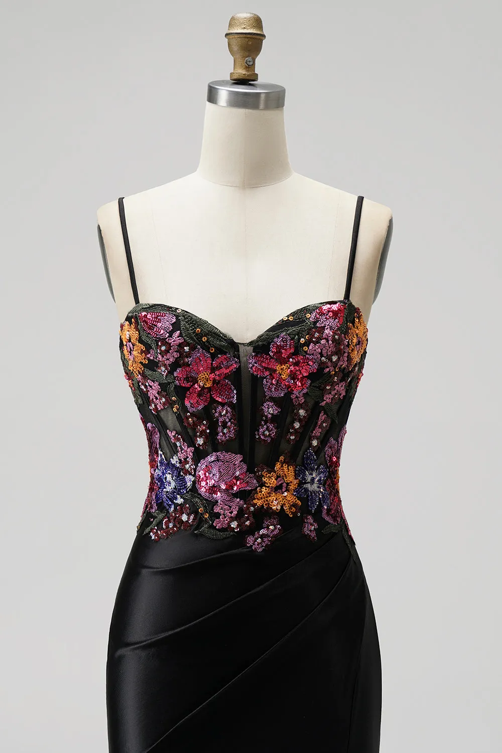 Black Mermaid Sequins Embroidery Corset Satin Spaghetti Straps Long Prom Dress with Slit sold by Zapaka product image thumbnail 4