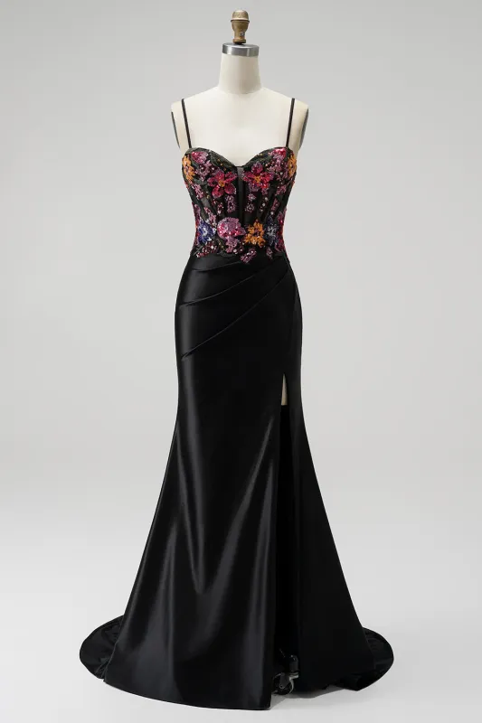 Black Mermaid Sequins Embroidery Corset Satin Spaghetti Straps Long Prom Dress with Slit made by Zapaka