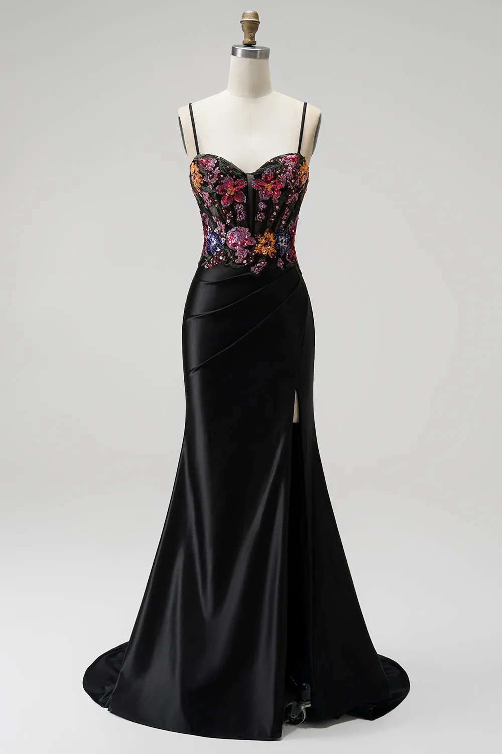 Black Mermaid Sequins Embroidery Corset Satin Spaghetti Straps Long Prom Dress with Slit sold by Zapaka