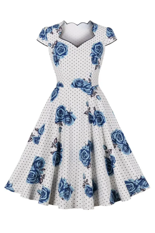 Cap Sleeves Printed White 1950s Dress sold by Zapaka